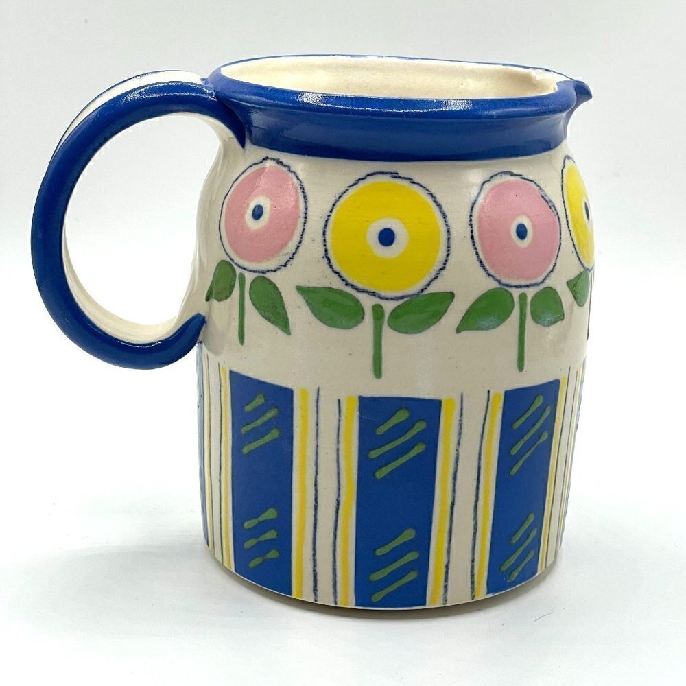 Elisa Keitzer 1987 Vintage Studio Pottery Floral Ceramic Hand Paint Pitcher 5.5"